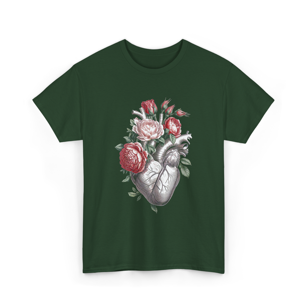 Anatomical Heart Floral Heart Anatomy T-Shirt - Forest Green