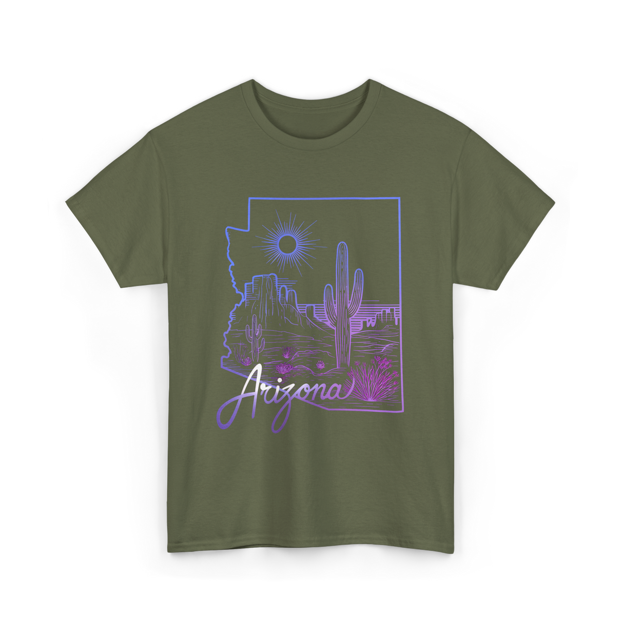 Arizona Cactus State Map Cacti T-Shirt - Military Green