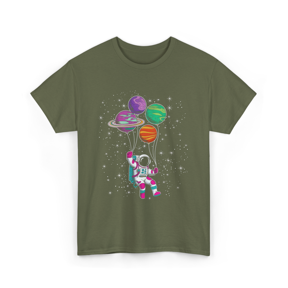 Astronaut Planet Balloons Kids T-Shirt - Military Green