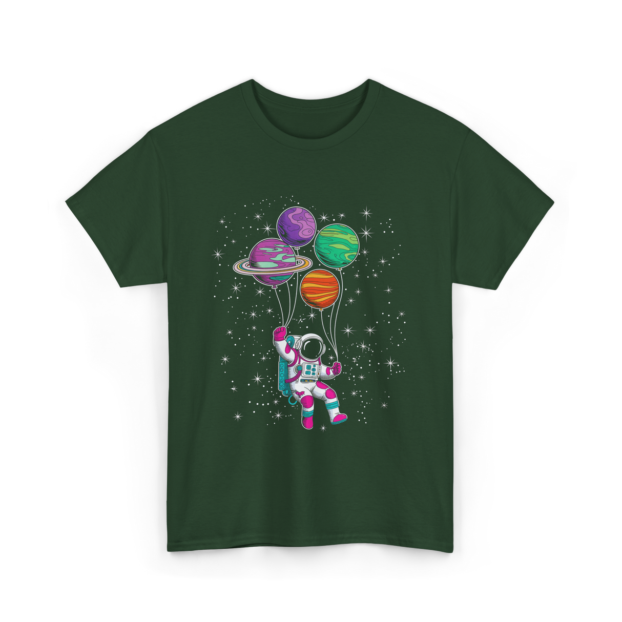 Astronaut Planet Balloons Kids T-Shirt - Forest Green