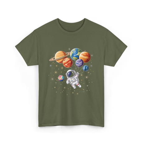 Astronaut with Planets Space T-Shirt - Military Green