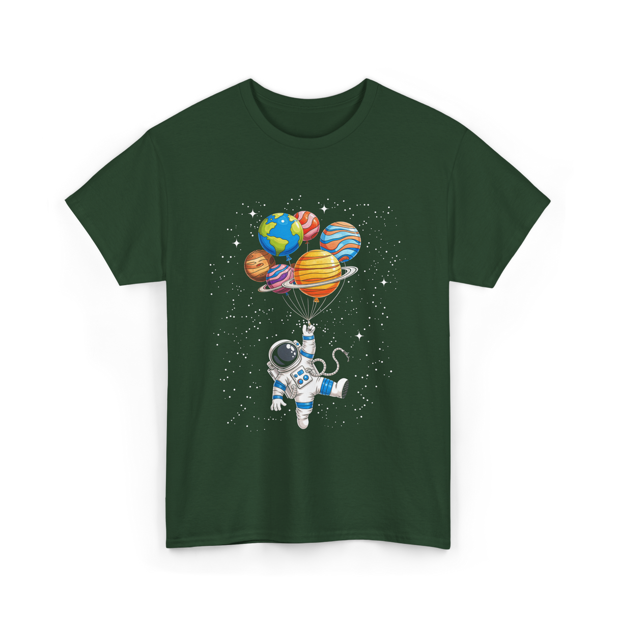 Astronaut With Planets Space T-Shirt - Forest Green