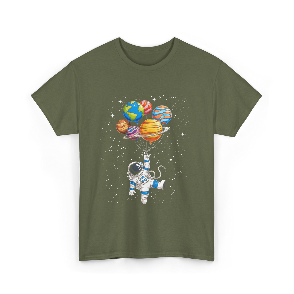 Astronaut With Planets Space T-Shirt - Military Green