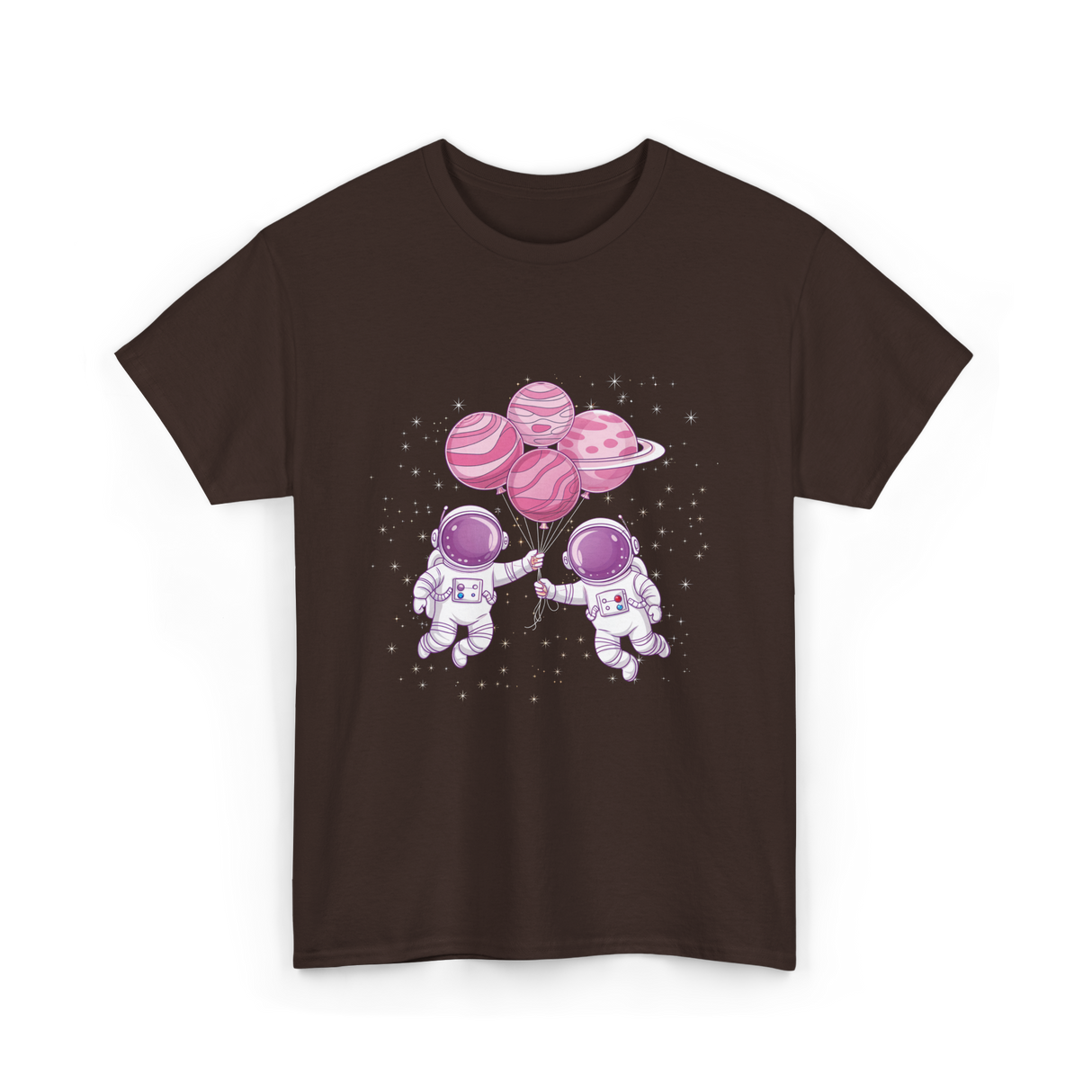 Astronauts with Balloons Space T-Shirt - Dark Chocolate