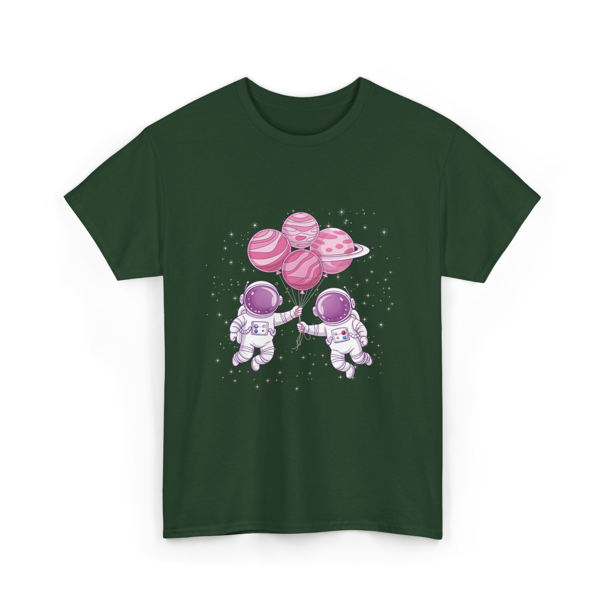 Astronauts with Balloons Space T-Shirt - Forest Green