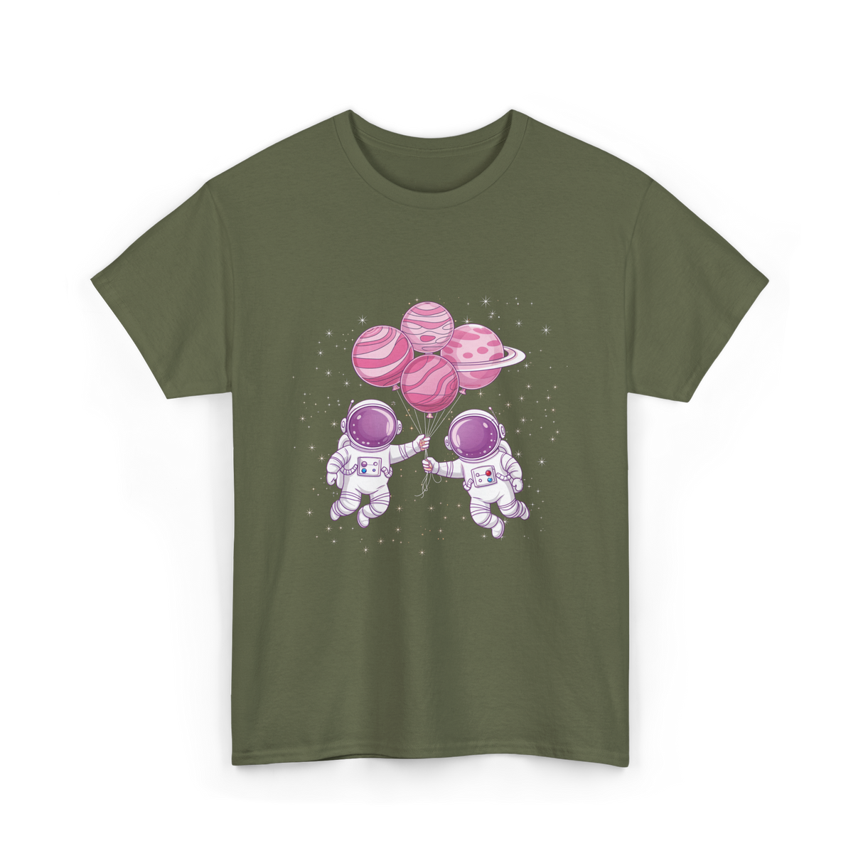 Astronauts with Balloons Space T-Shirt - Military Green