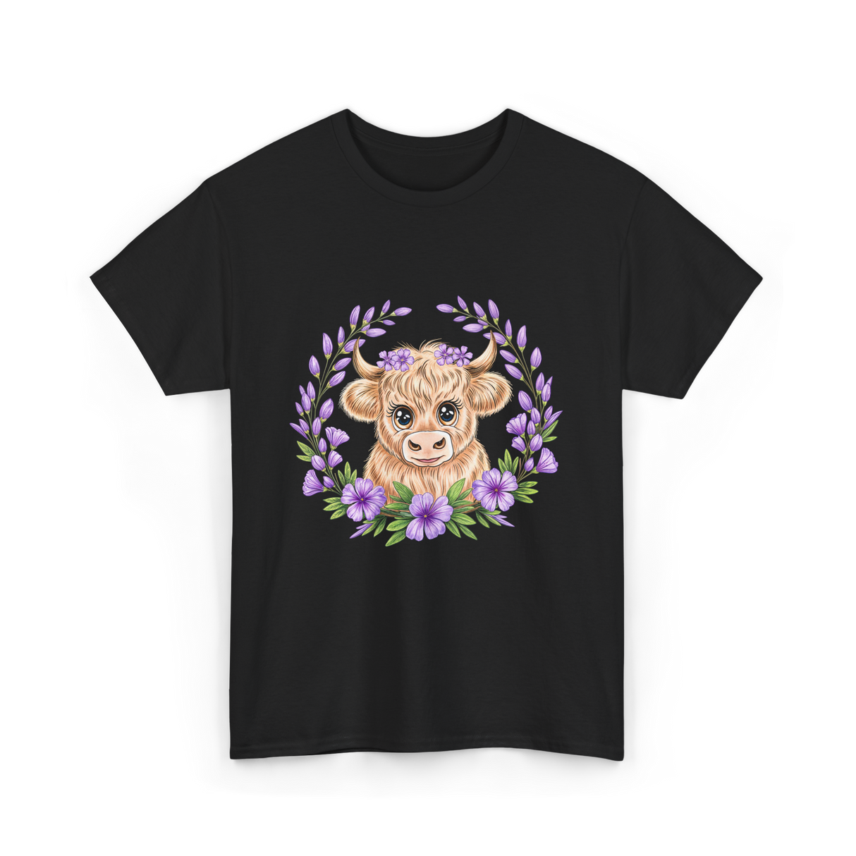 Baby Highland Cow Flowers T-Shirt - Black