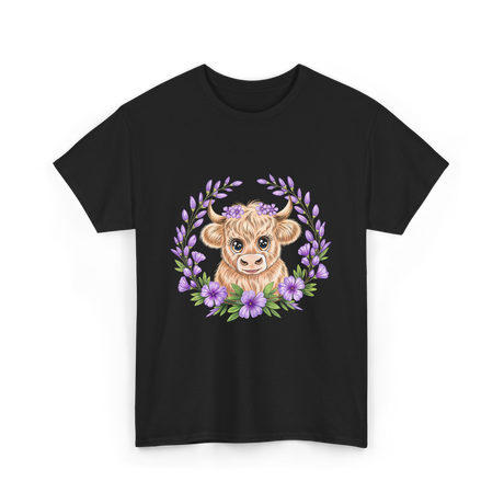 Baby Highland Cow Flowers T-Shirt - Black