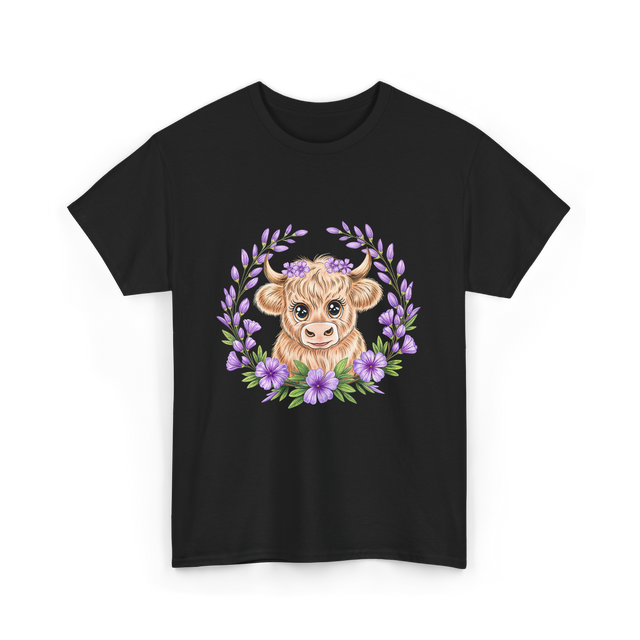 Baby Highland Cow Flowers T-Shirt - Black