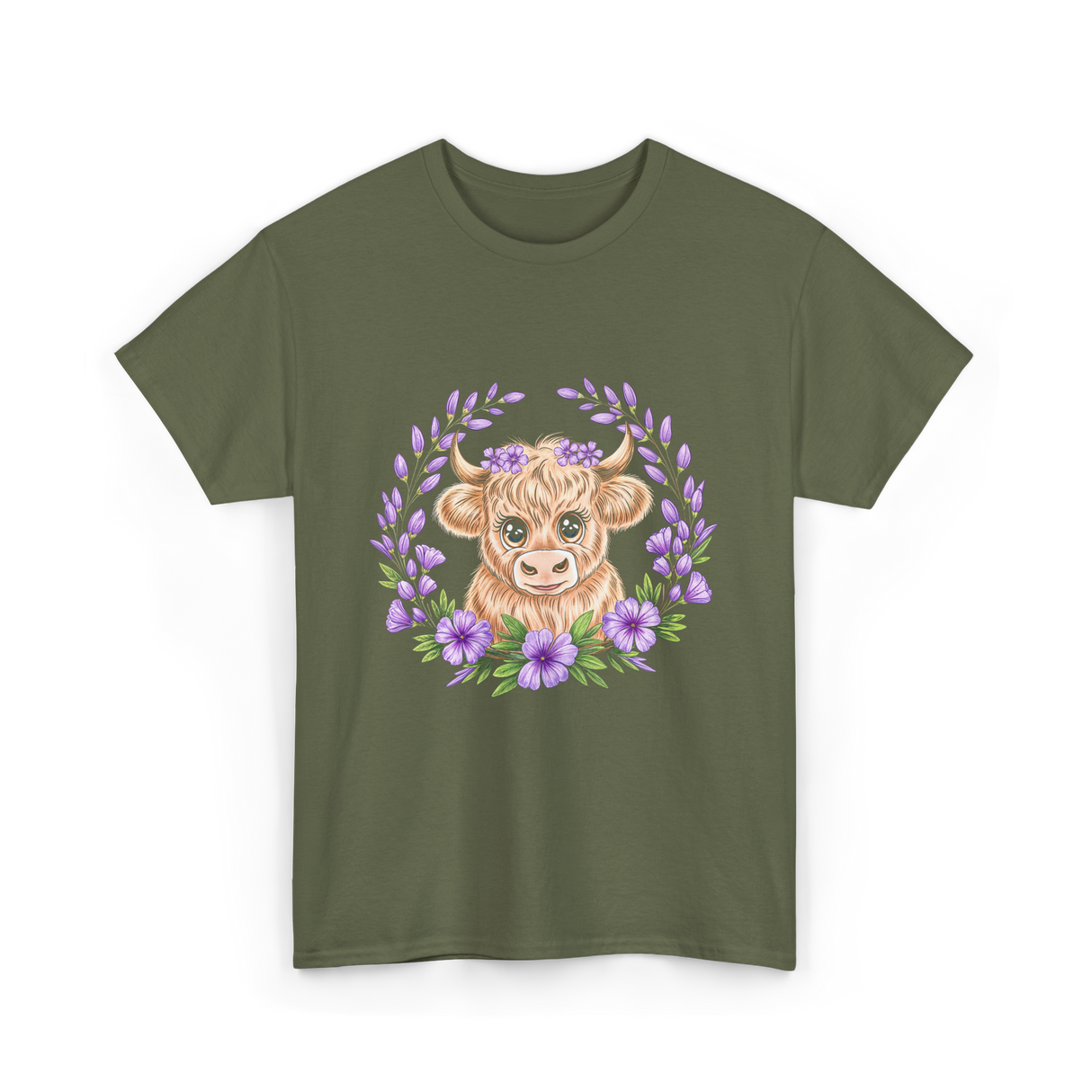 Baby Highland Cow Flowers T-Shirt - Military Green