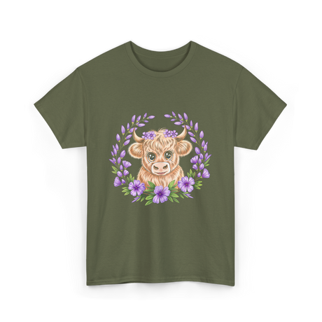 Baby Highland Cow Flowers T-Shirt - Military Green