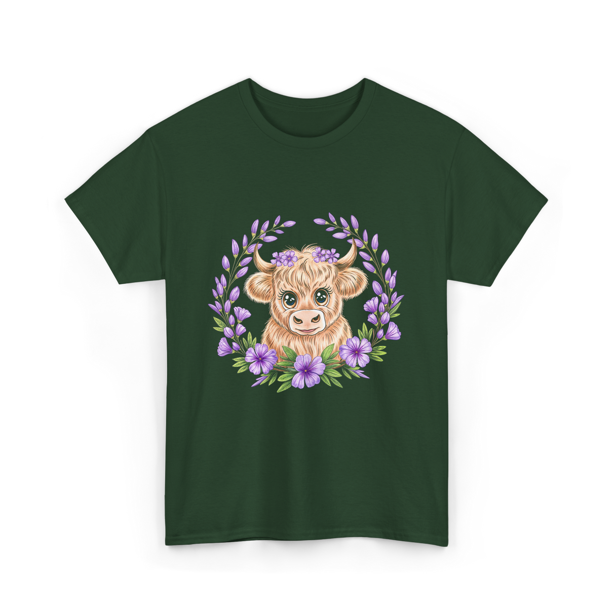 Baby Highland Cow Flowers T-Shirt - Forest Green