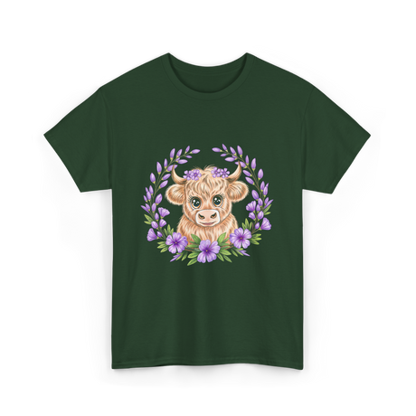 Baby Highland Cow Flowers T-Shirt - Forest Green