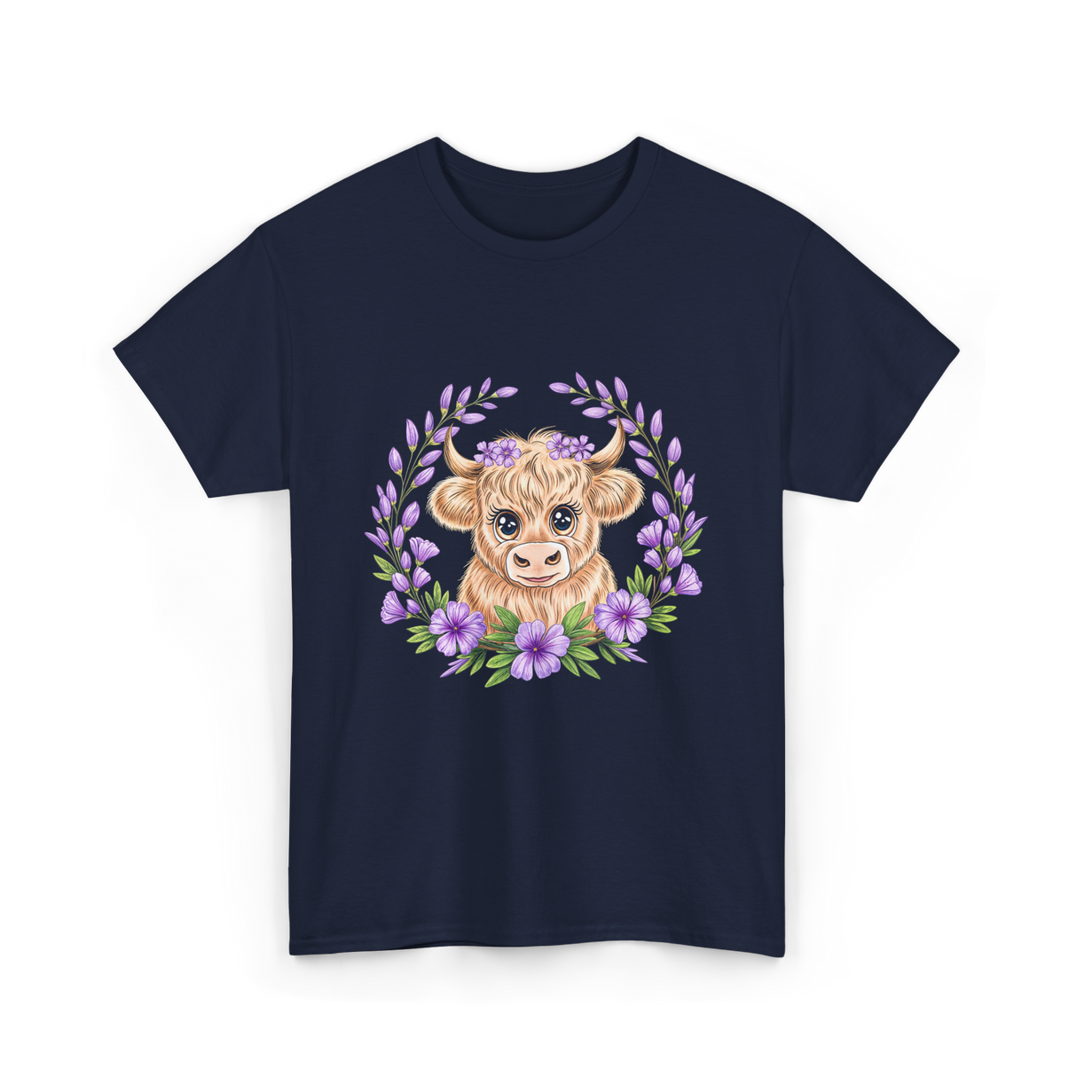 Baby Highland Cow Flowers T-Shirt - Navy