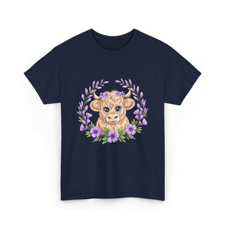 Baby Highland Cow Flowers T-Shirt - Navy