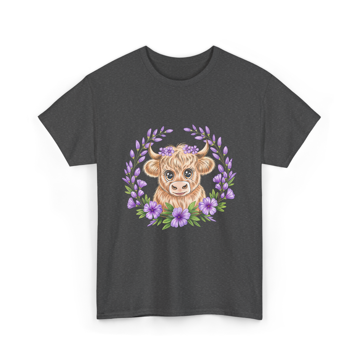 Baby Highland Cow Flowers T-Shirt - Dark Heather