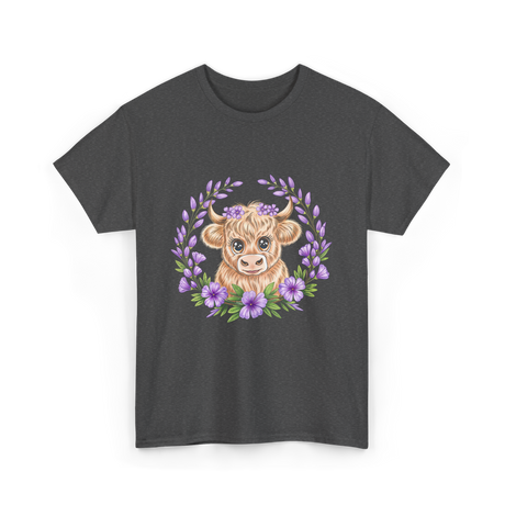 Baby Highland Cow Flowers T-Shirt - Dark Heather