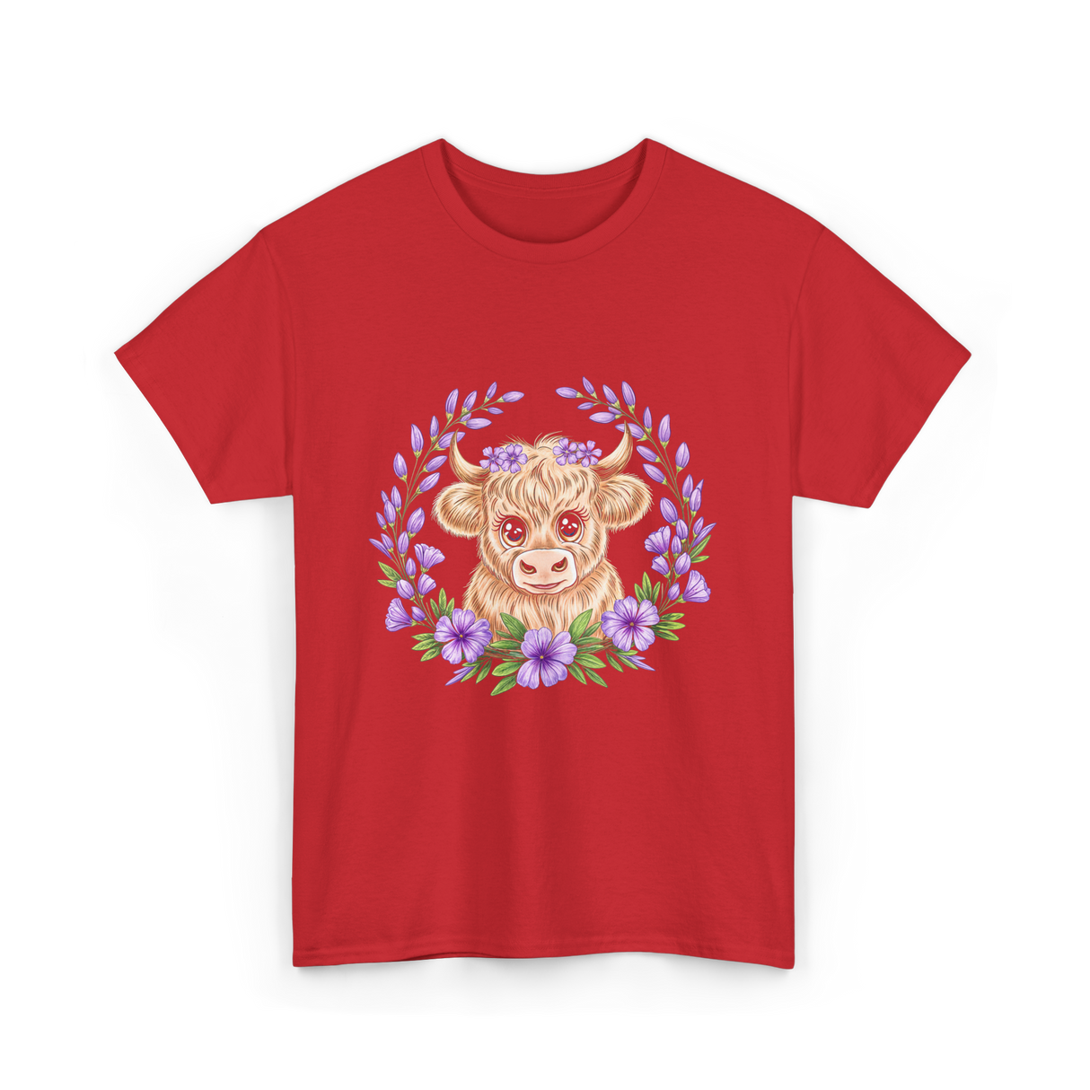 Baby Highland Cow Flowers T-Shirt - Red