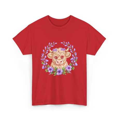 Baby Highland Cow Flowers T-Shirt - Red