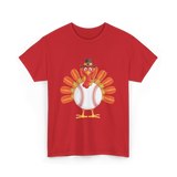 Baseball Turkey Thanksgiving Turkey T-Shirt - Red