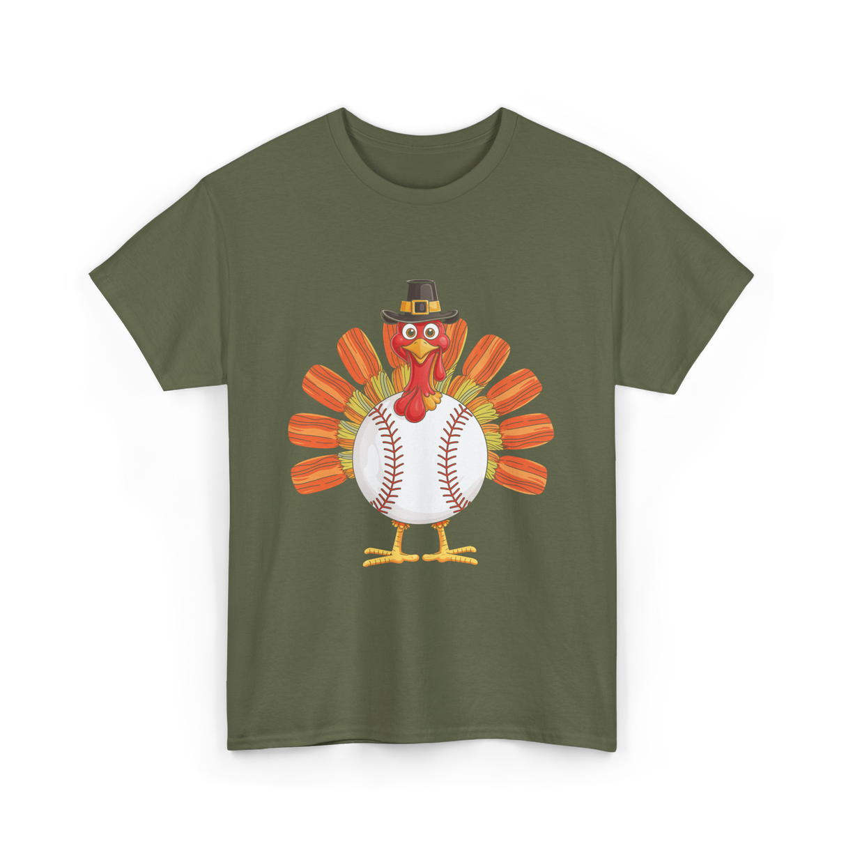 Baseball Turkey Thanksgiving Turkey T-Shirt - Military Green