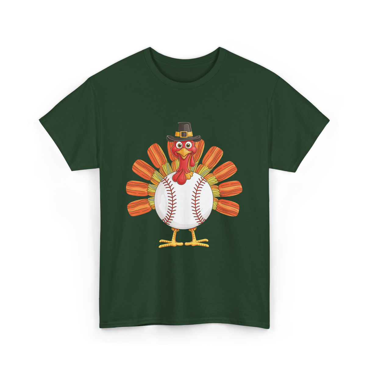 Baseball Turkey Thanksgiving Turkey T-Shirt - Forest Green