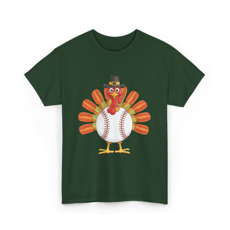 Baseball Turkey Thanksgiving Turkey T-Shirt - Forest Green