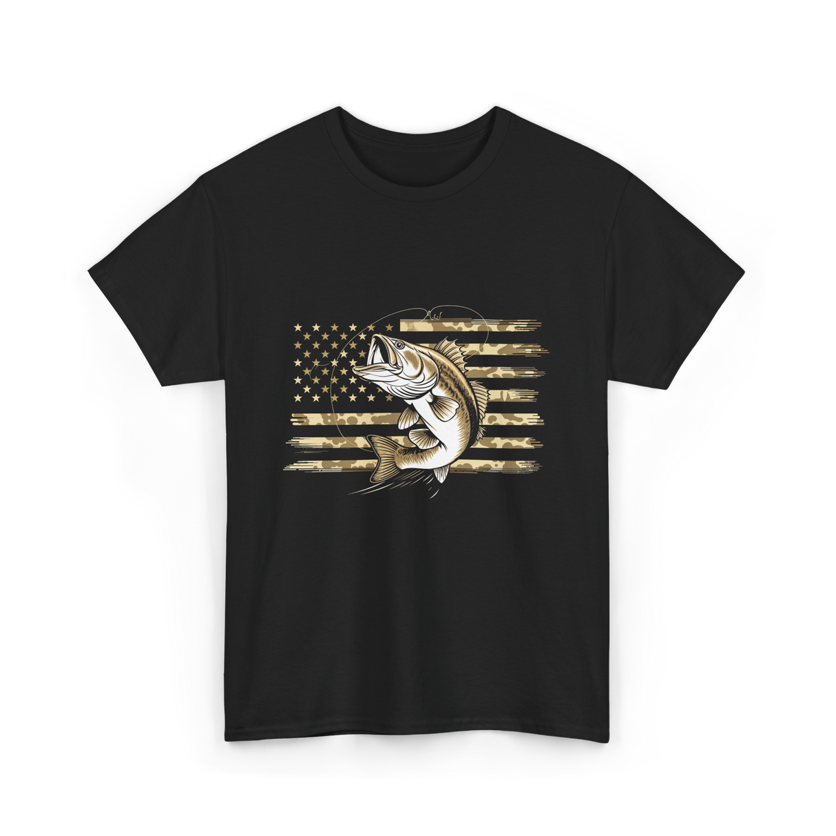 Bass Fishing USA Flag Fish T-Shirt - Black