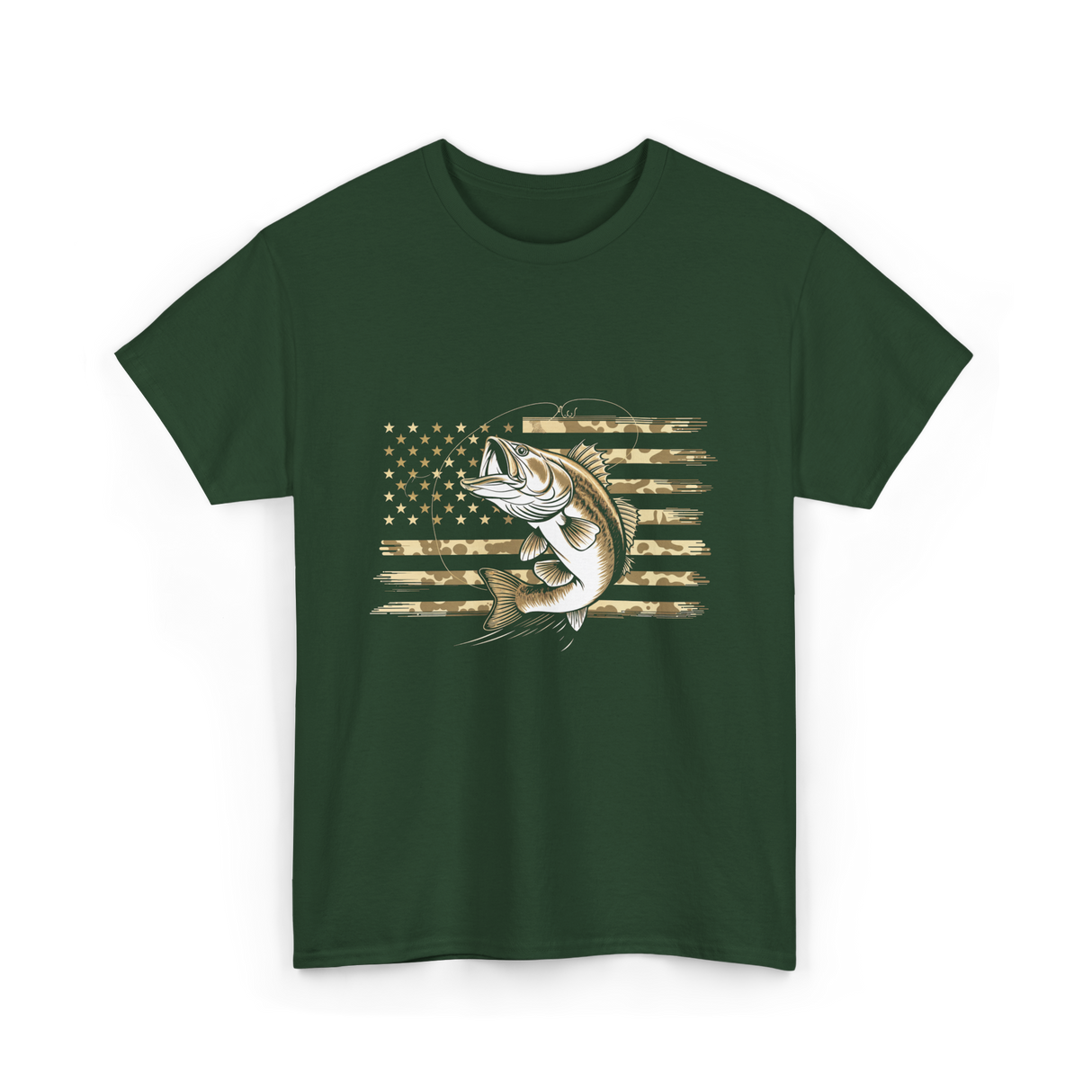 Bass Fishing USA Flag Fish T-Shirt - Forest Green