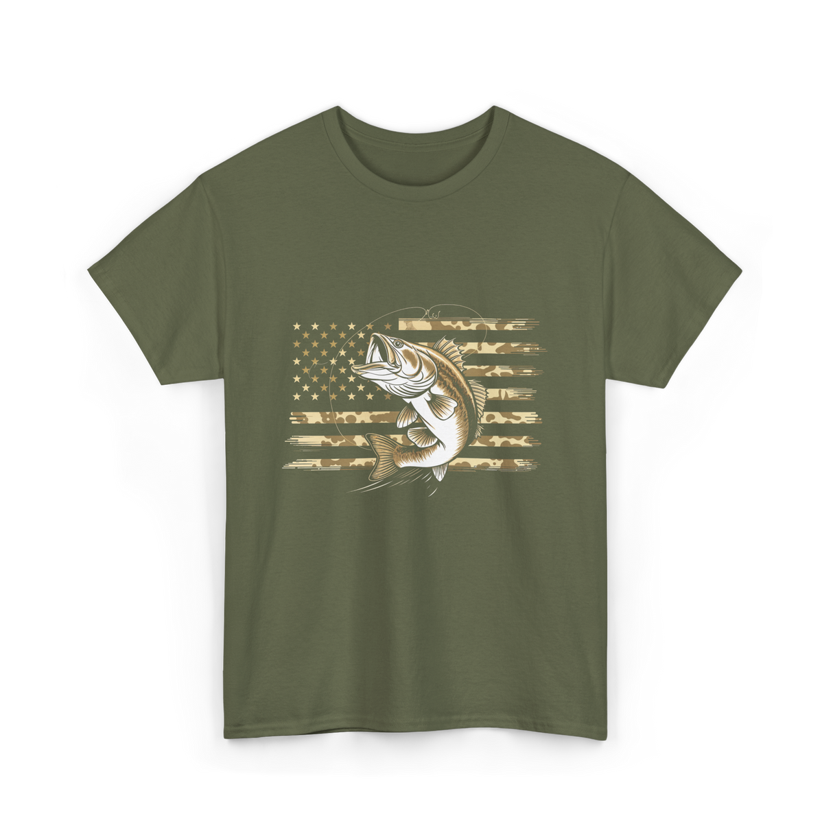 Bass Fishing USA Flag Fish T-Shirt - Military Green