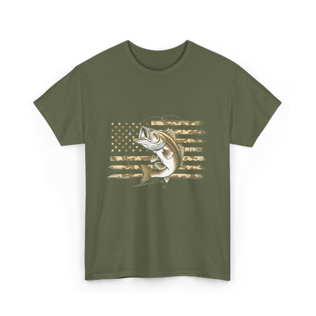 Bass Fishing USA Flag Fish T-Shirt - Military Green