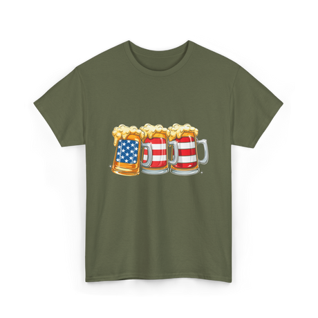 Beer American Flag Independence Drink T-Shirt - Military Green