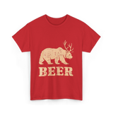 Beer Bear Antlers Wildlife T-Shirt - Red