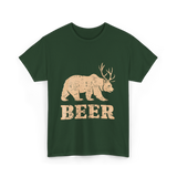 Beer Bear Antlers Wildlife T-Shirt - Forest Green