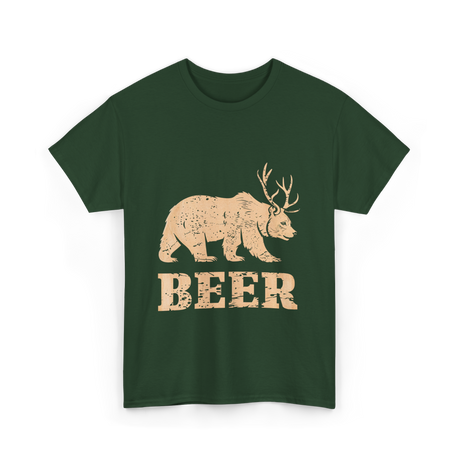 Beer Bear Antlers Wildlife T-Shirt - Forest Green