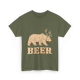 Beer Bear Antlers Wildlife T-Shirt - Military Green