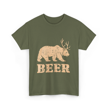 Beer Bear Antlers Wildlife T-Shirt - Military Green