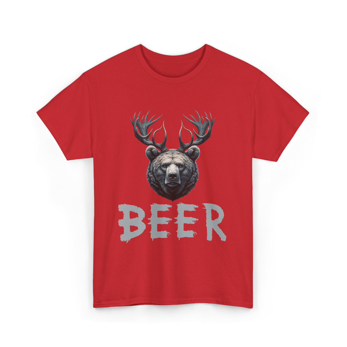 Beer Bear Grizzly Antlers T-Shirt - Red