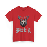 Beer Bear Grizzly Antlers T-Shirt - Red