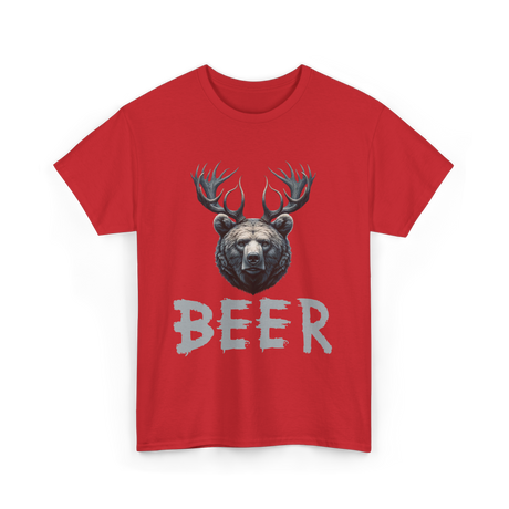 Beer Bear Grizzly Antlers T-Shirt - Red