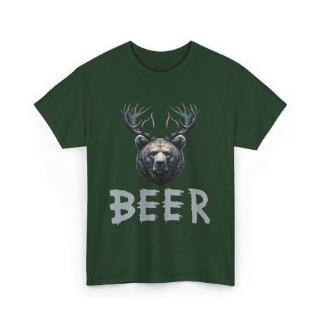 Beer Bear Grizzly Antlers T-Shirt - Forest Green