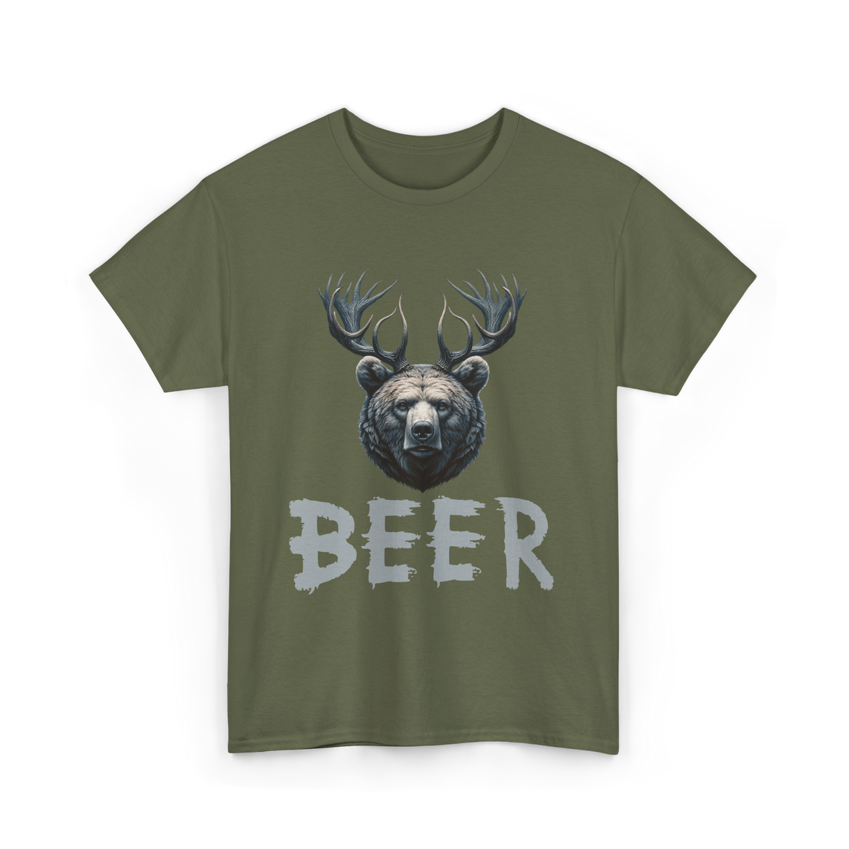 Beer Bear Grizzly Antlers T-Shirt - Military Green