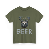 Beer Bear Grizzly Antlers T-Shirt - Military Green