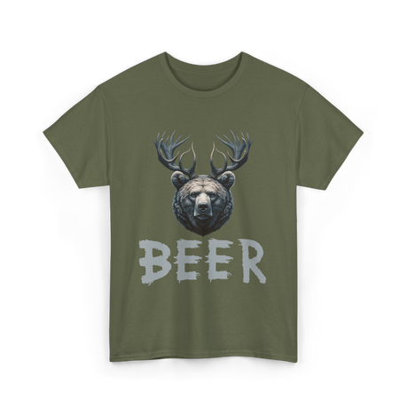 Beer Bear Grizzly Antlers T-Shirt - Military Green