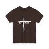 Believe Christian Cross Faith T-Shirt - Dark Chocolate