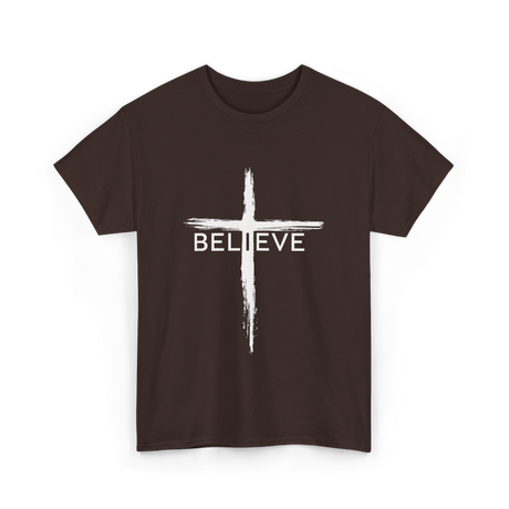 Believe Christian Cross Faith T-Shirt - Dark Chocolate