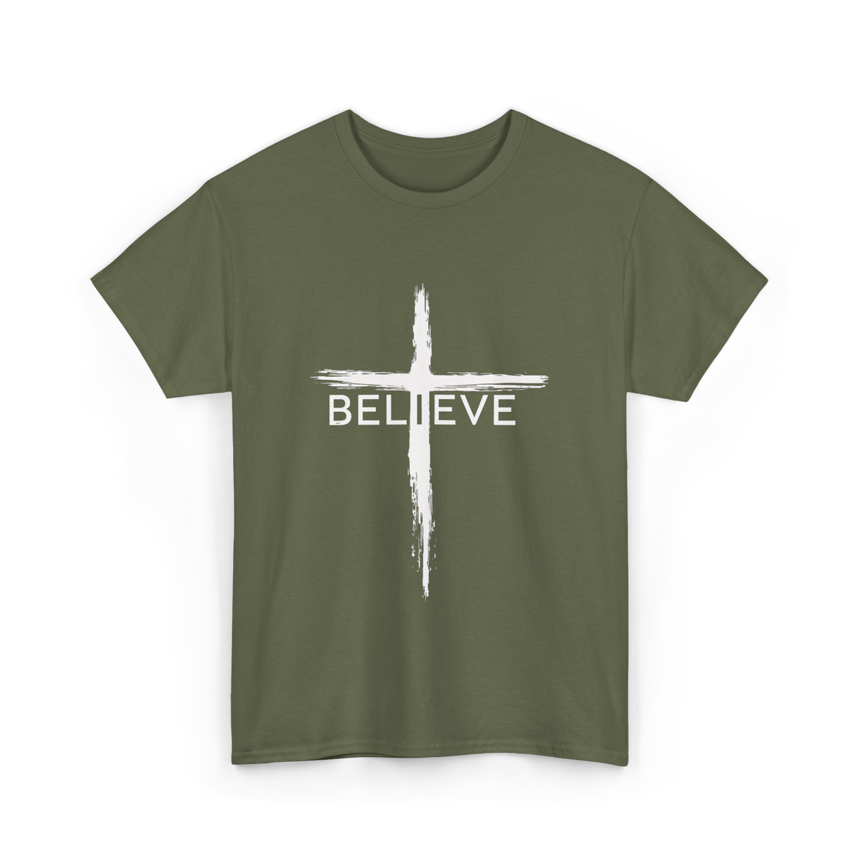 Believe Christian Cross Faith T-Shirt - Military Green