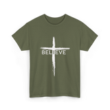 Believe Christian Cross Faith T-Shirt - Military Green