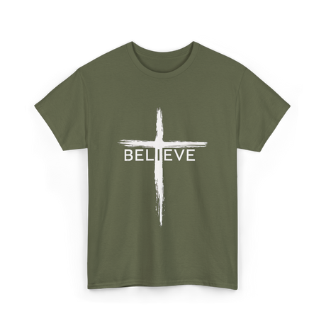 Believe Christian Cross Faith T-Shirt - Military Green