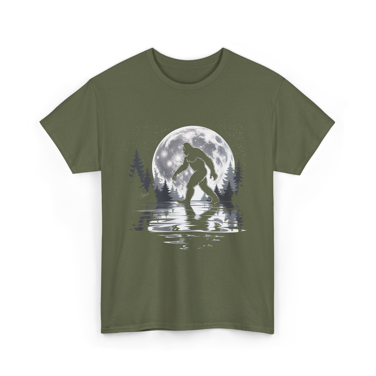 Bigfoot Moon Sasquatch Adventure T-Shirt - Military Green